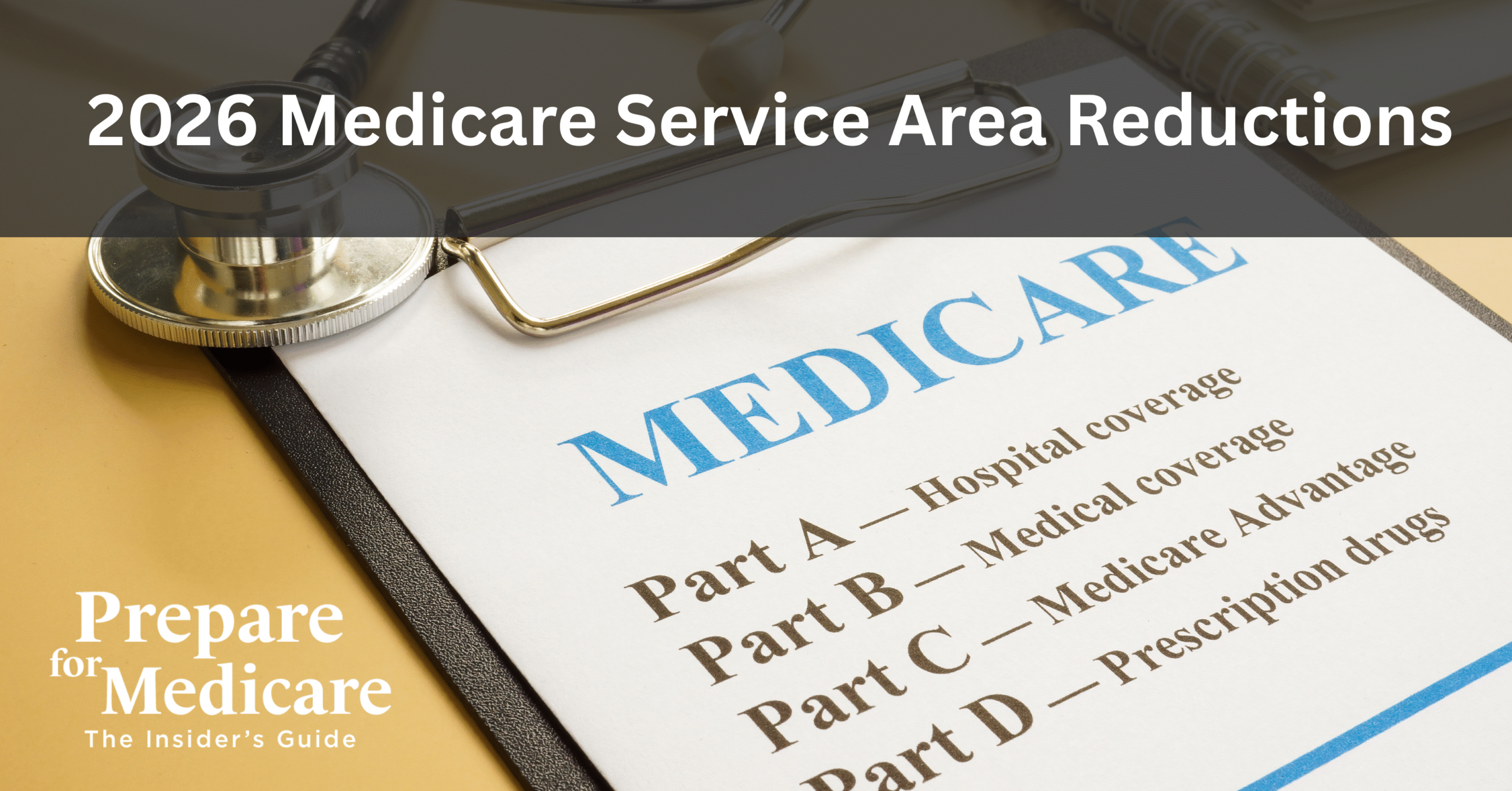 Prepare for Medicare Featured Images Paper on a clipboard that shows different options for Medicare. A banner across the top of the image reads 2026 Medicare Service Area Reductions.