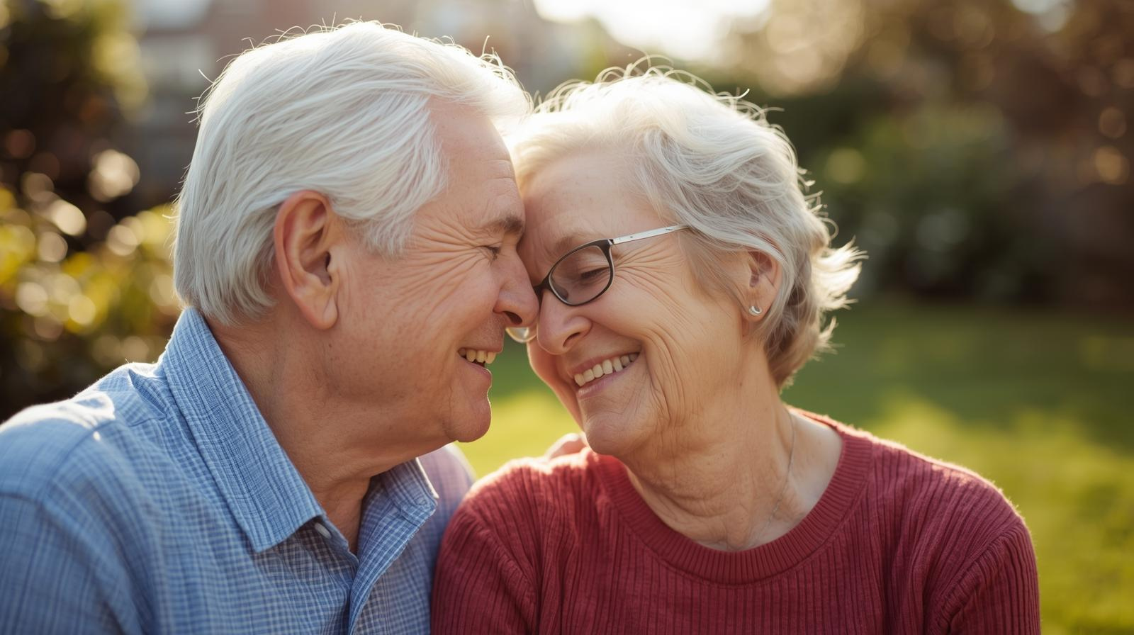 An elderly couple standing outside.