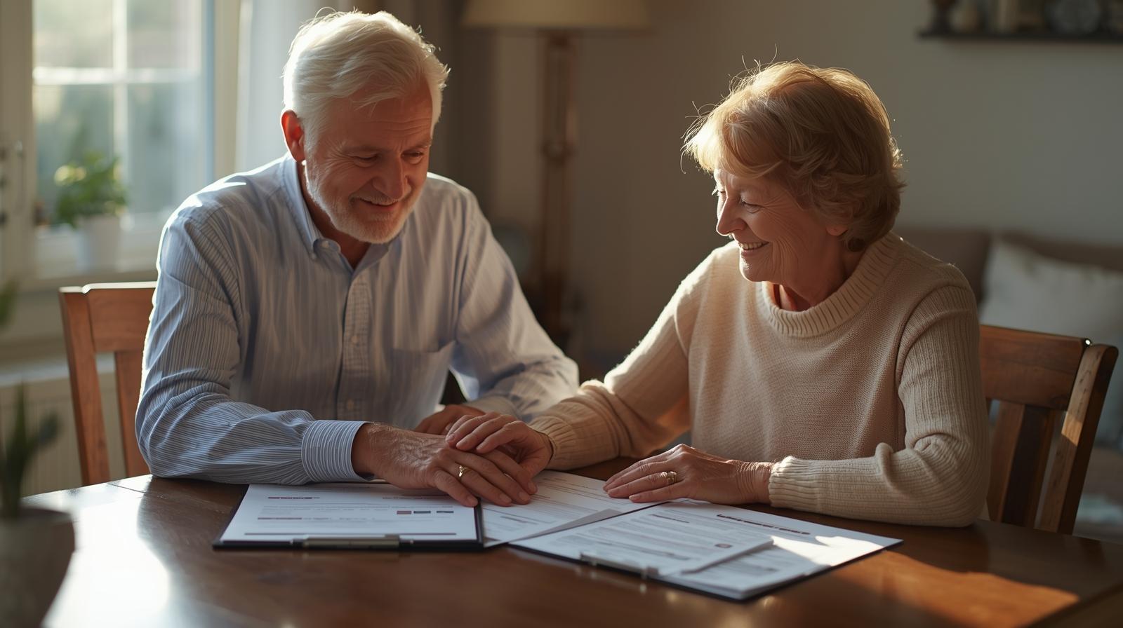 elderly couple sitting at the table reviewing medicare coverage