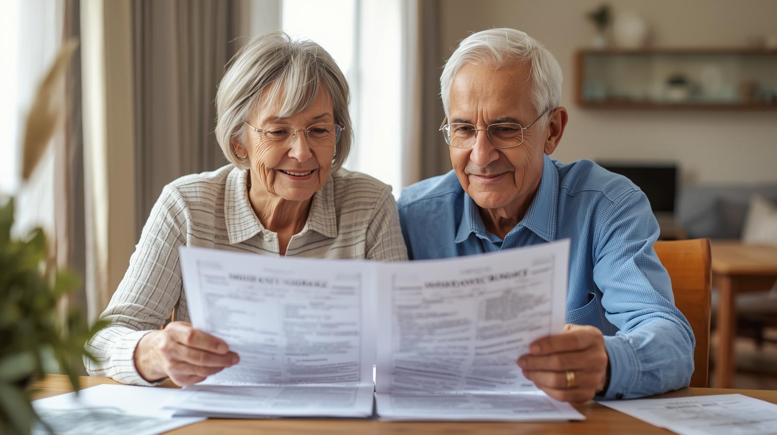 elderly couple reviewing insurance coverage (1) Couple reviewing their Medicare plan at the dining room table.
