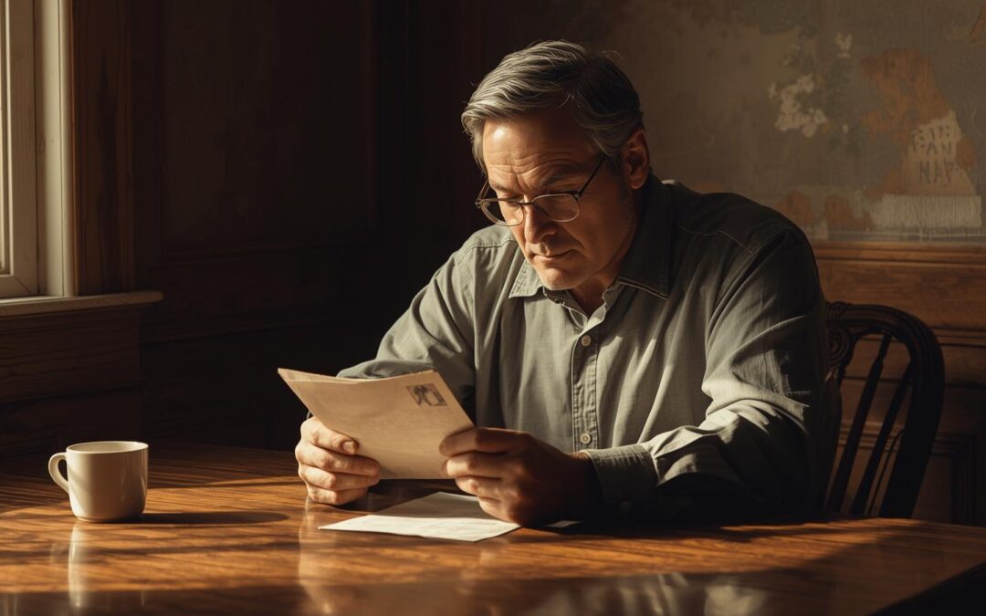middle-age man sitting at a table reading mail