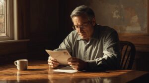 middle-age man sitting at a table reading mail