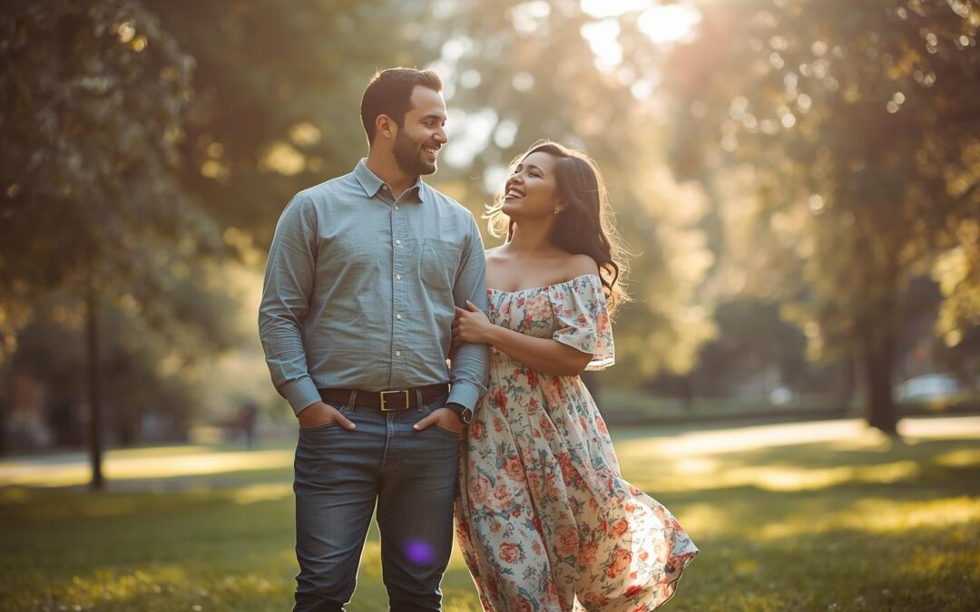 couple walking through a park