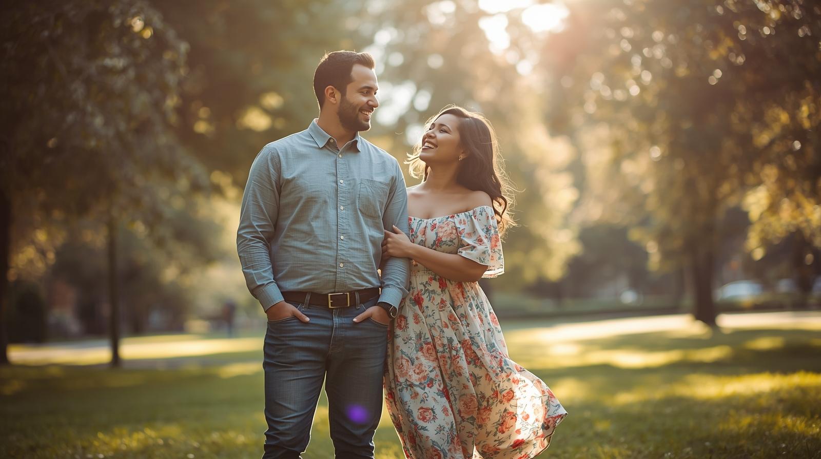 couple walking through a park
