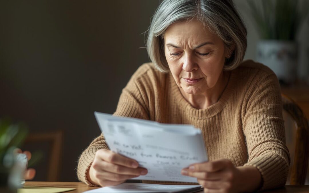 Woman sitting at the table reading her mail.