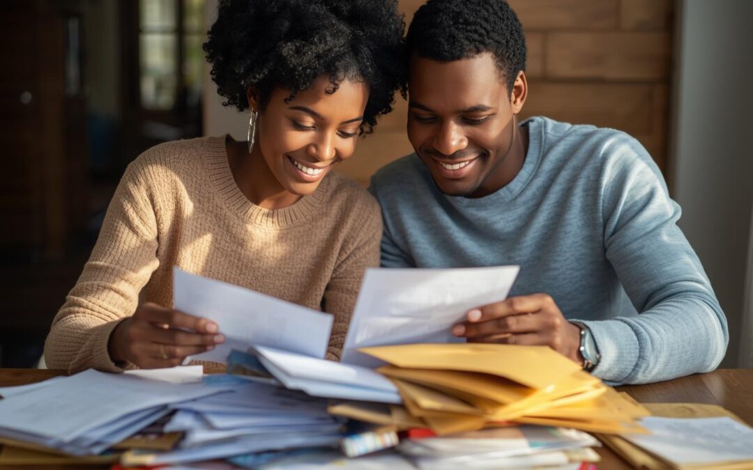 Man and woman sitting at a table reivewing documents